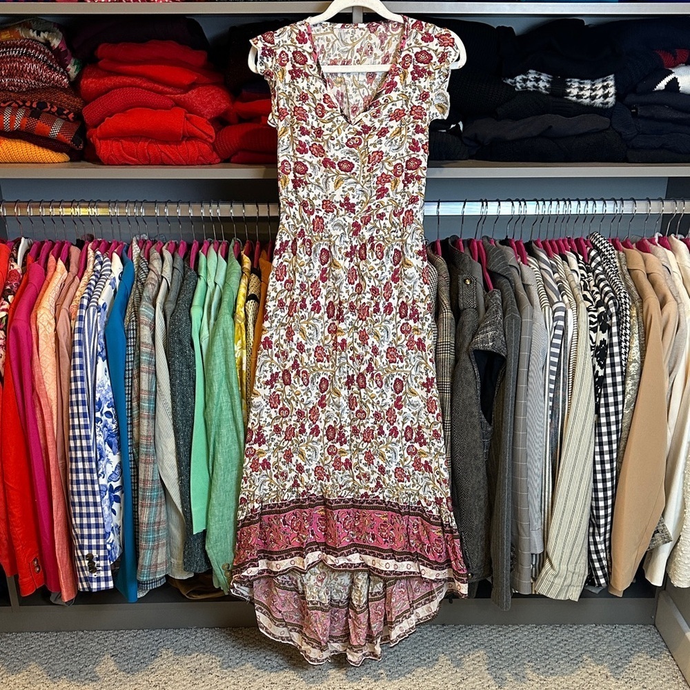SHEIN white/pink floral sleeveless smocked waistband hi low maxi dress size S